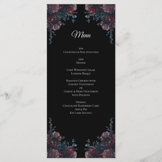 Donkere Floral Wedding Gothic Black Elegant Menu (Voorkant)