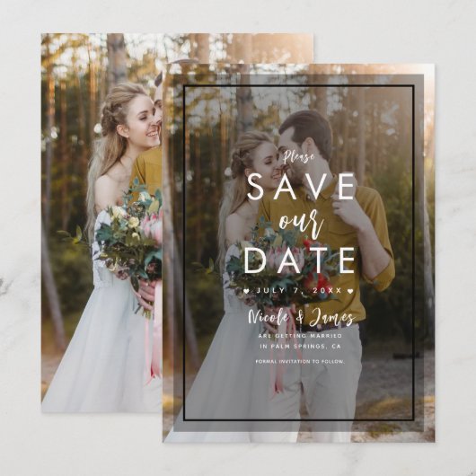 Donkere foto Tint Overlay 3 Modern Save the Date Kaart (Voorkant / Achterkant)