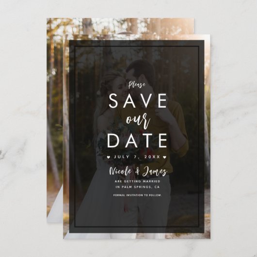 Donkere foto Tint Overlay Modern Save the Date Kaart (Voorkant / Achterkant)