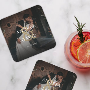 Donkere foto's en monogram Elegant Black Wedding Kartonnen Onderzetters