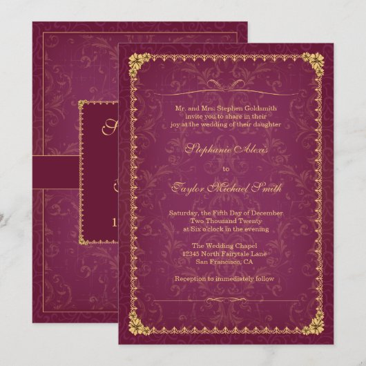 Donkere framboos en goud elegante bruiloft uitnodi kaart (Voorkant / Achterkant)