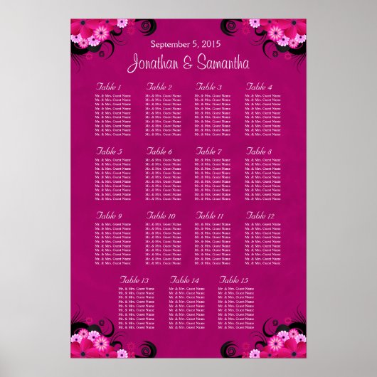 Donkere Fuschia Bloemenbruiloft 15 Tafelzitgrafiek Poster (Voorkant)
