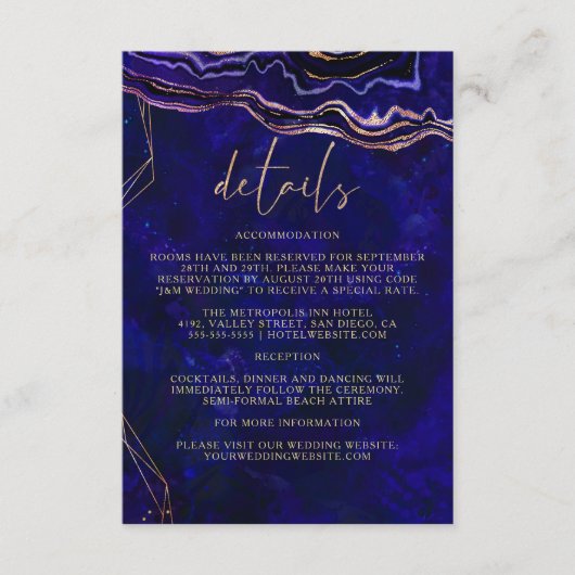 Donkere Geode Deep Blue Agate Weddenschap Details Informatiekaartje (Voorkant)