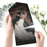 Donkere gevlekte foto Romantic Heart Script Weduwe All In One Uitnodiging<br><div class="desc">Verras uw geliefden met deze elegante uitnodiging,  die hartmanuscript,  uw foto en douanetekst kenmerkt. Voeg je eigen gegevens eenvoudig toe door op de optie 'personaliseren' te klikken.</div>