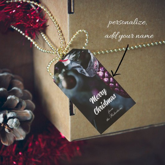 Donkere glamour kerstornamenten cadeaulabel