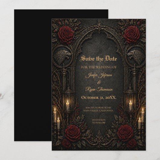 Donkere GOT gotische save-the-date uitnodiging (Voorkant / Achterkant)
