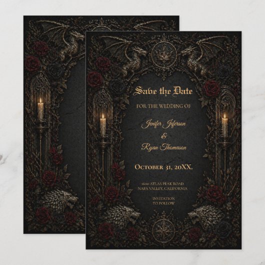 Donkere GOT gotische save-the-date uitnodiging (Voorkant / Achterkant)