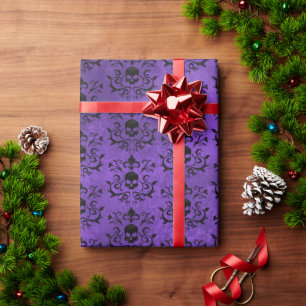 Donkere gothic Damask Floral Skull (zwart en Paars Cadeaupapier