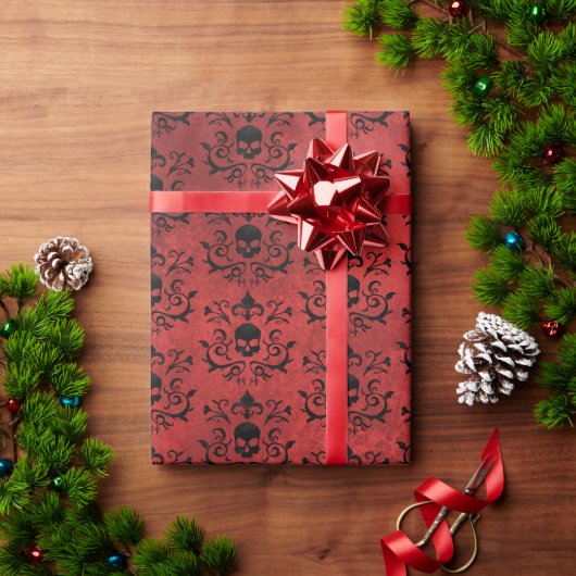 Donkere gothic Damask Floral Skull (zwart en rood) Cadeaupapier (Feestdagen Geschenken)