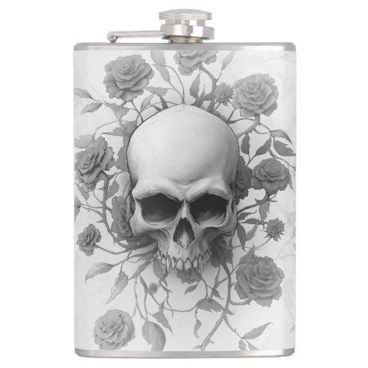 Donkere Gothic Floral Roos Skull Heupfles (Voorkant)