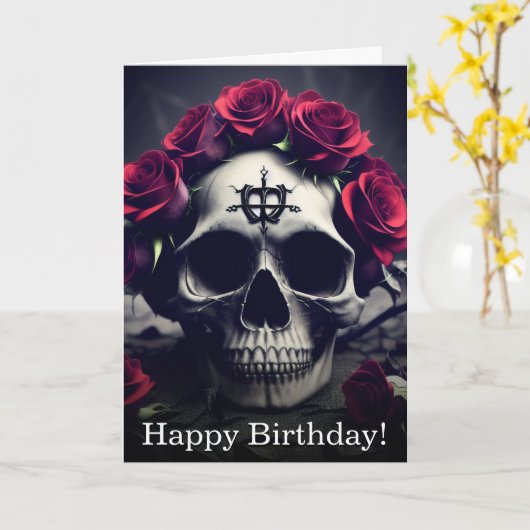 Donkere Gothic Macabre Roos Skull Birthday Kaart (Gele Bloem)