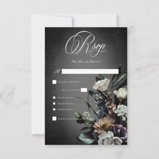 Donkere gothische mysterieuze gedempte bloemige ve RSVP kaartje (Voorkant)