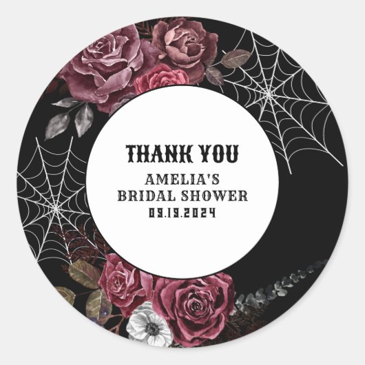 Donkere gotische bloemige zwarte bruiloft  ronde sticker (Voorkant)