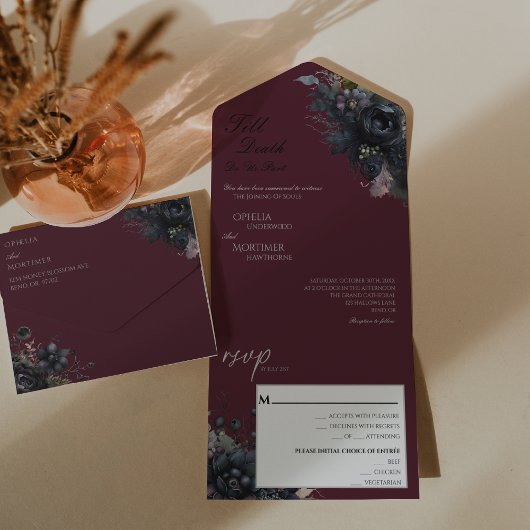 Donkere gotische bloemrijke tot de dood ons scheid all in one uitnodiging