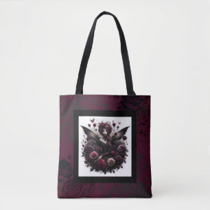 Donkere gotische bosfee bloemrozen burgundy tote bag