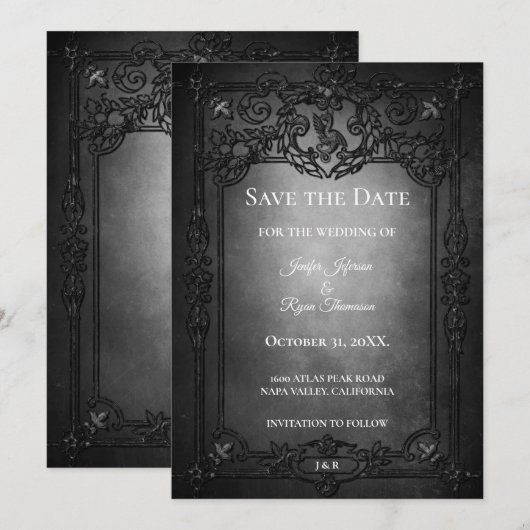 Donkere gotische Halloween bruiloft save the date Aankondiging (Voorkant / Achterkant)