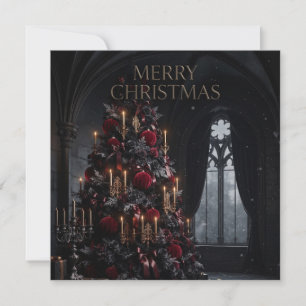 Donkere gotische kerstboom in een kasteelinterieur feestdagenkaart