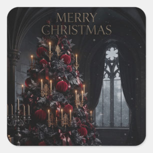 Donkere gotische kerstboom in een kasteelinterieur vierkante sticker