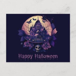 Donkere Gotische Paarse Spookhuis Gelukkig Hallowe Feestdagenkaart