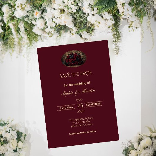 Donkere Gotische Romance Burgundy Save the Date