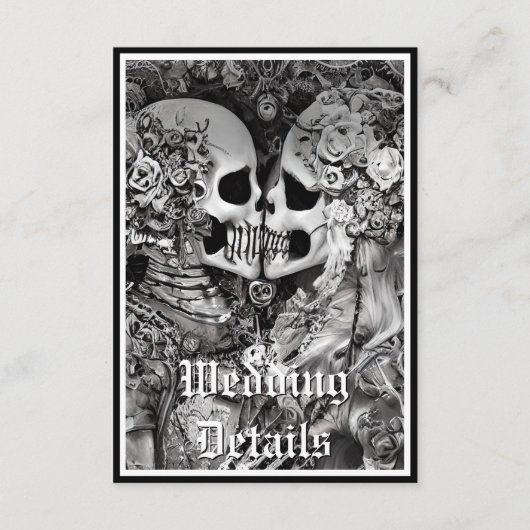 Donkere gotische zwart-wit skelet koppel details informatiekaartje (Voorkant)