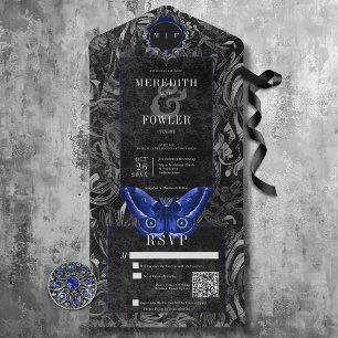 Donkere Gotische Zwarte & Blau Filigree Motief QR All In One Uitnodiging