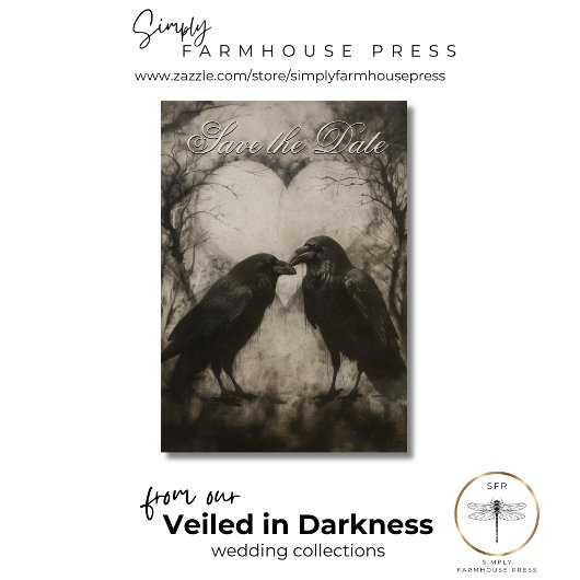 Donkere gotische zwarte en bruine raven-script bru save the date