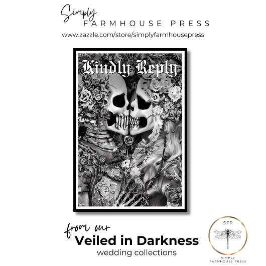 Donkere gotische zwarte en witte skelet koppeldine RSVP kaartje