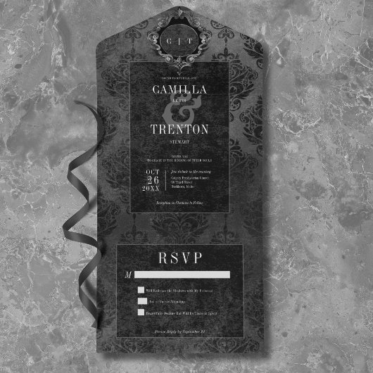 Donkere gotische zwarte & zwarte damast geen diner all in one uitnodiging