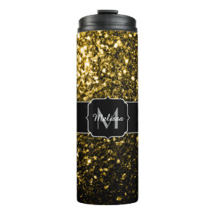 Donkere goudgele nepschitterende glitters Monogram Thermosbeker