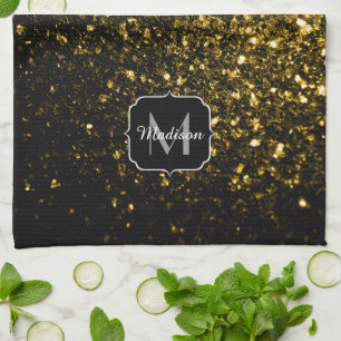 Donkere goudgele nepschittert vonken Monogram Theedoek