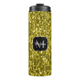 Donkere goudgele nepschittertjes Monogram Thermosbeker