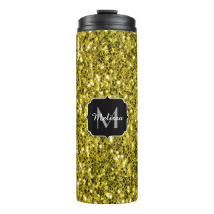 Donkere goudgele nepschittertjes Monogram Thermosbeker