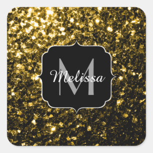 Donkere goudgele nepschittertjes Monogram Vierkante Sticker
