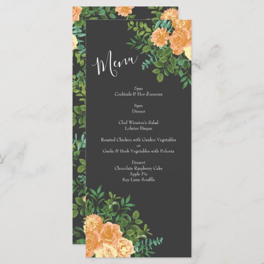 Donkere Grijs Perzik Bruiloft Modern Bloem Menu (Voorkant / Achterkant)