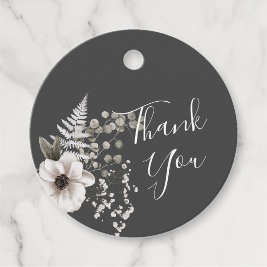 Donkere grijze en witte Floral bruiloft Bedankjes Labels (Voorkant)