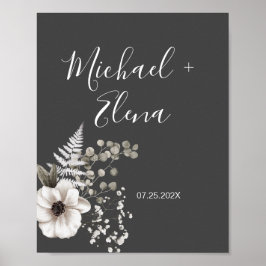 Donkere grijze en witte Floral bruiloft Couple Poster