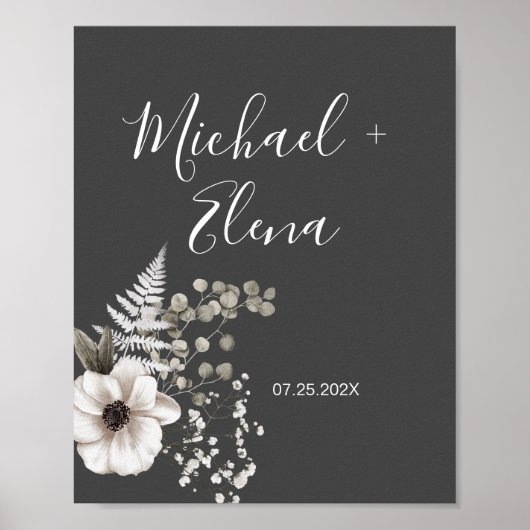 Donkere grijze en witte Floral bruiloft Couple Poster (Voorkant)