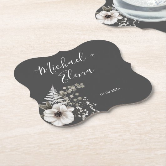 Donkere grijze en witte Floral bruiloft Kartonnen Onderzetters (Gekanteld)