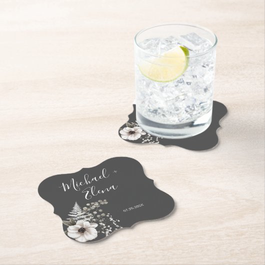 Donkere grijze en witte Floral bruiloft Kartonnen Onderzetters (Insitu)