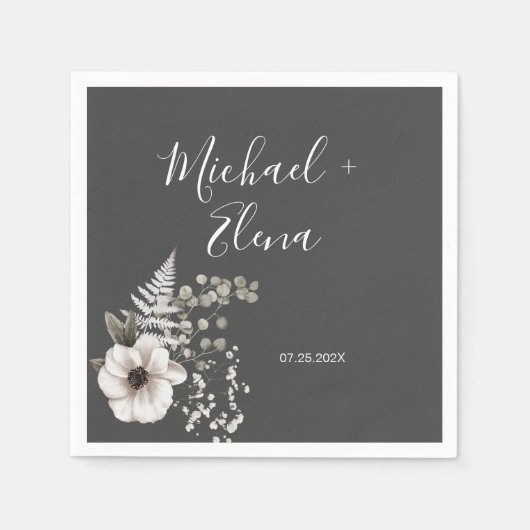 Donkere grijze en witte Floral bruiloft paper Servet (Voorkant)