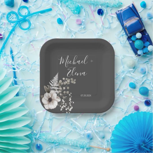 Donkere grijze en witte Floral bruiloft Papieren Bordje (Feest)