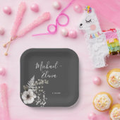 Donkere grijze en witte Floral bruiloft Papieren Bordje (Feest)