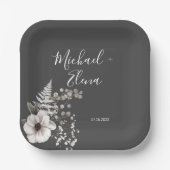 Donkere grijze en witte Floral bruiloft Papieren Bordje (Voorkant)