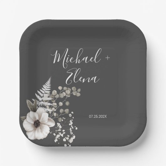 Donkere grijze en witte Floral bruiloft Papieren Bordje (Voorkant)