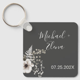 Donkere grijze en witte Floral bruiloft Sleutelhanger