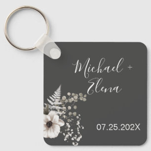 Donkere grijze en witte Floral bruiloft Sleutelhanger
