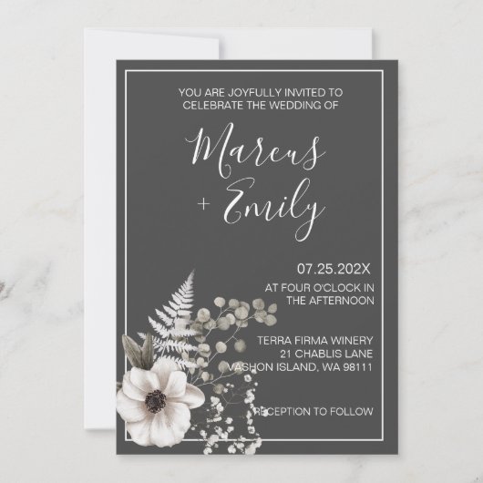 Donkere grijze en witte Floral bruiloft uitnodigin Kaart (Voorkant)