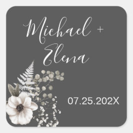 Donkere grijze en witte Floral bruiloft Vierkante Sticker