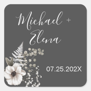 Donkere grijze en witte Floral bruiloft Vierkante Sticker